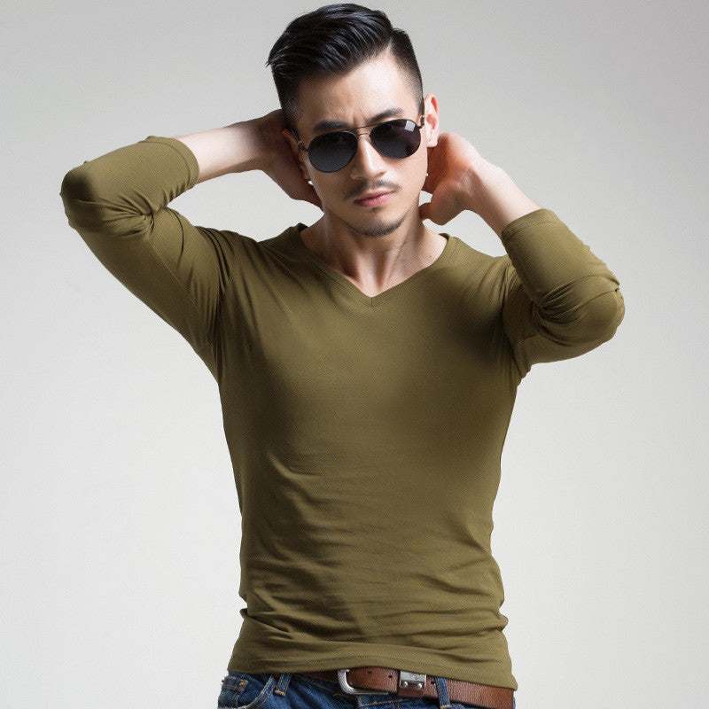 Men's Slim V-neck Bottoming Shirt Solid Color T-shirt