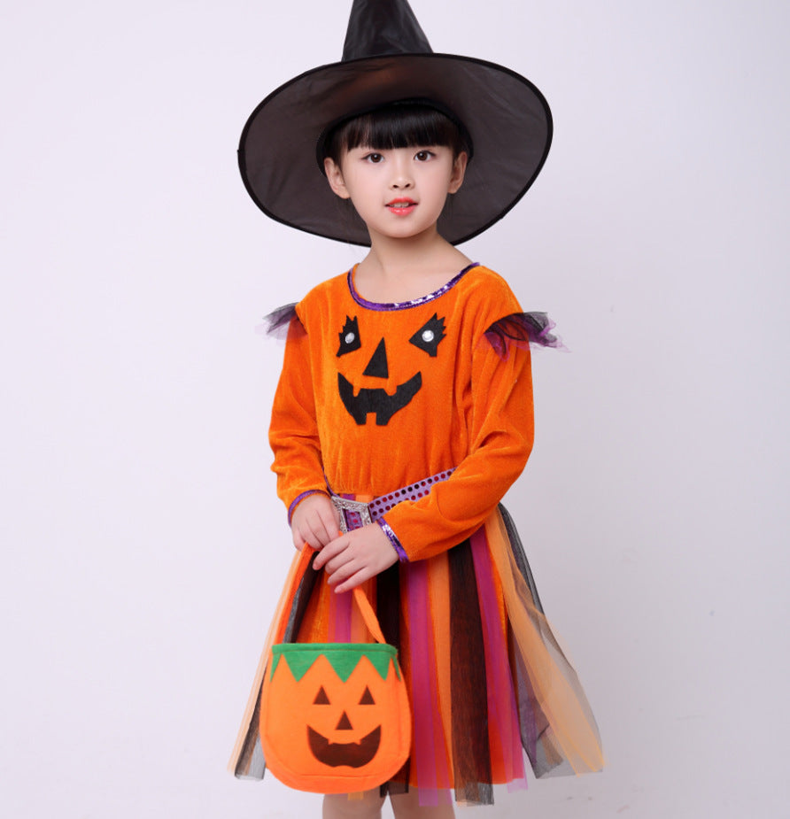 Girls Pumpkin Costume – Children’s Halloween Party Dress-Up Outfit