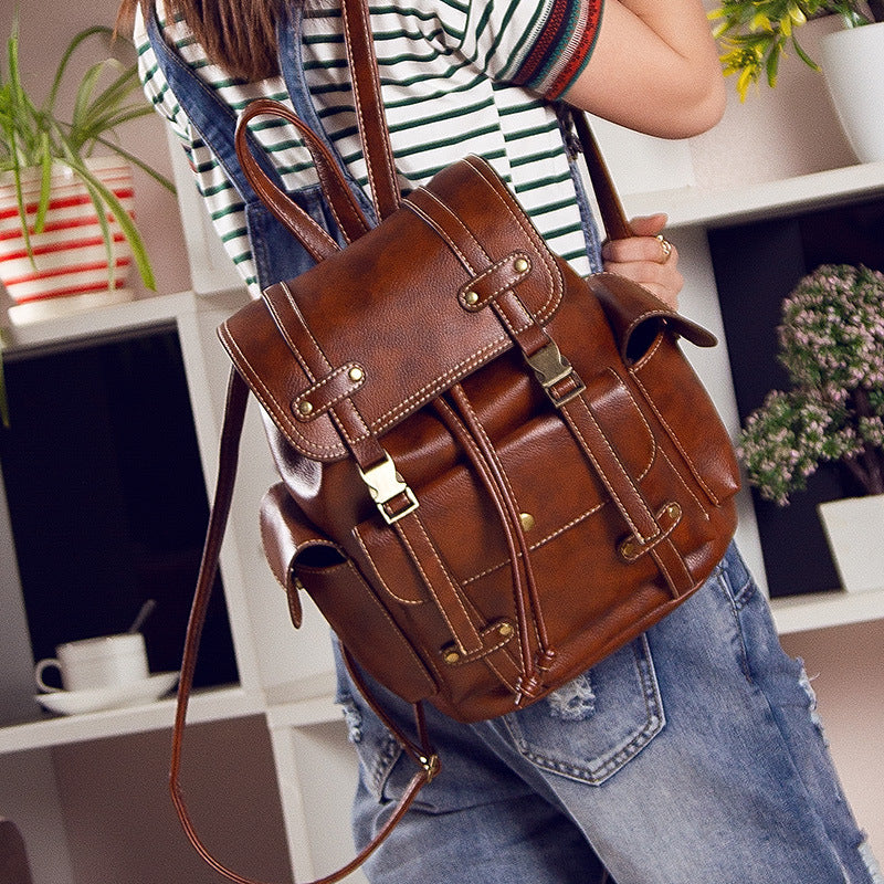Women's Vintage PU Leather Motorcycle Backpack Drawstring