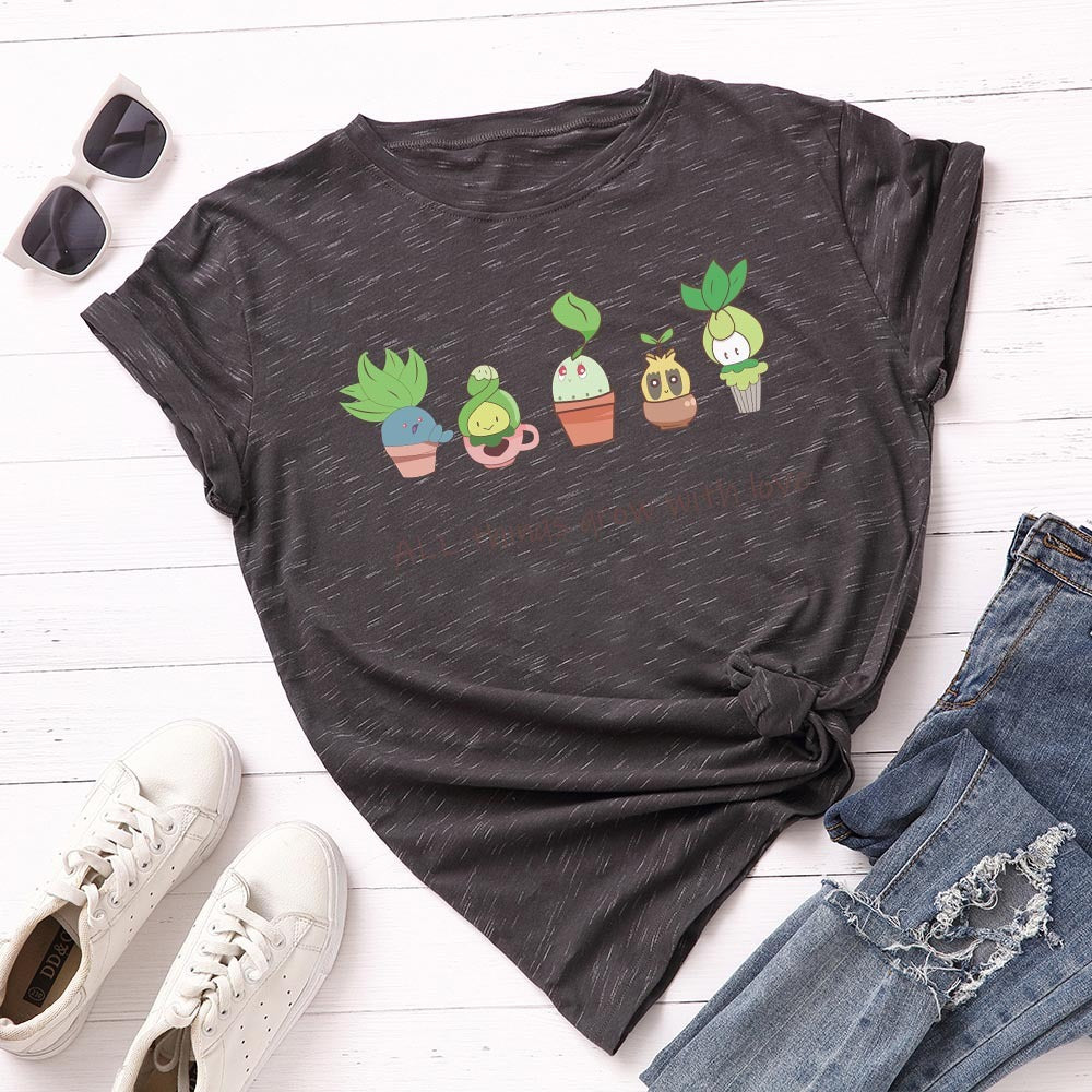 Loose Round Neck Short Sleeved Cotton T-shirt Women