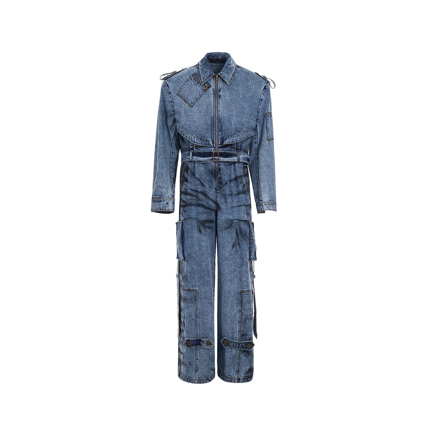 Men’s Dirty Dyed Denim Jumpsuit – Washed Blue Zipper Jeans One-Piece