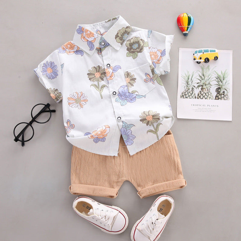 Summer Korean Style Flower Lapel Shirt Two-piece Set