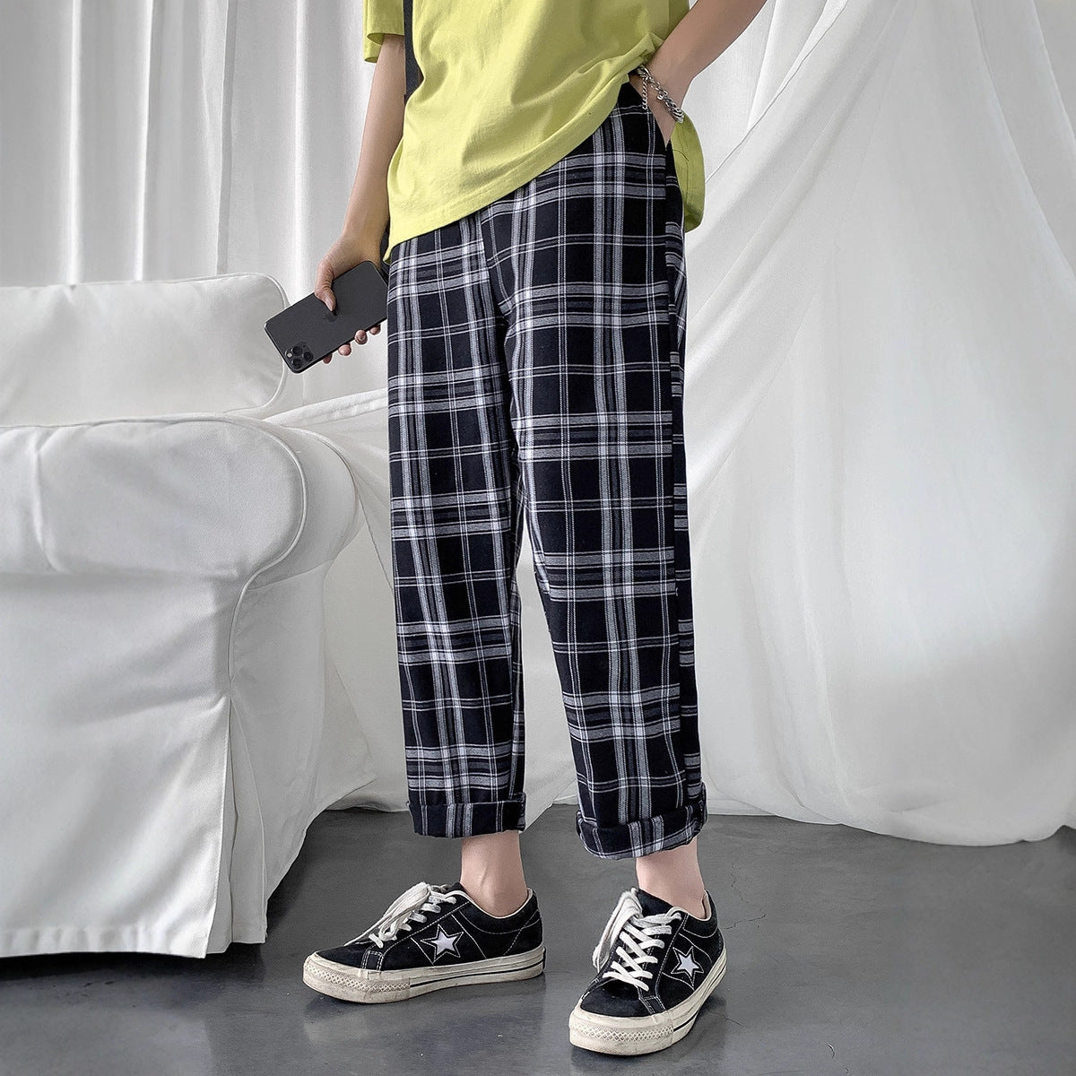 Men’s Loose Plaid Cargo Pants – Summer Straight Ankle-Length Leisure Trousers