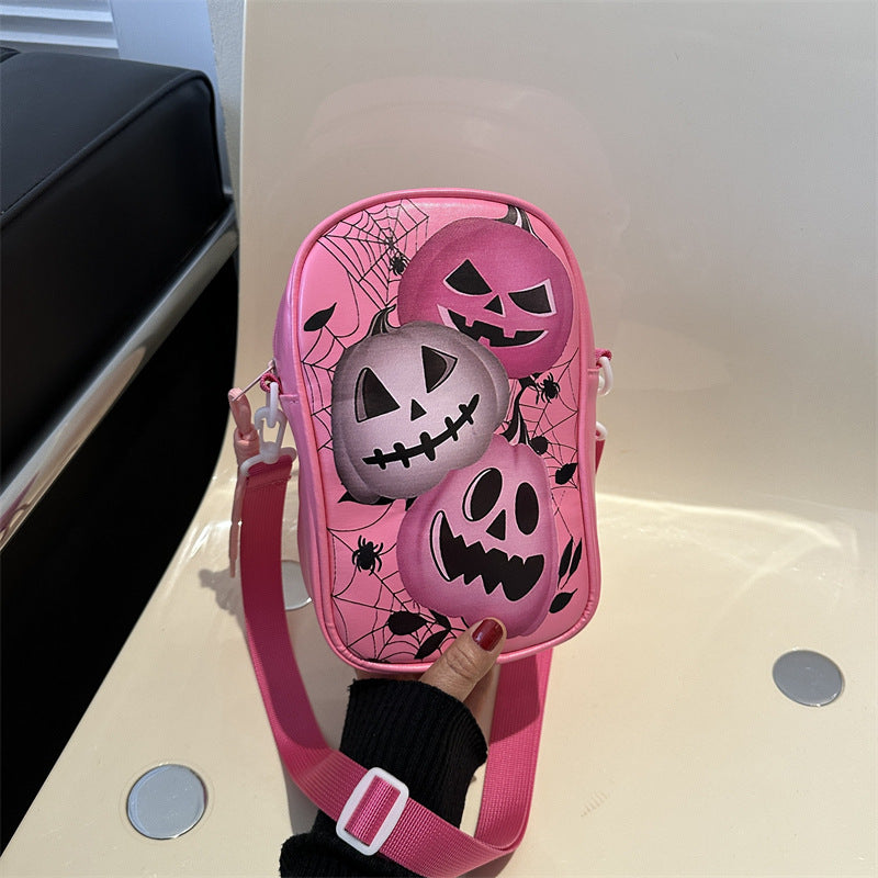 Halloween Crossbody Phone Bag – Cartoon Pumpkin, Ghost, and Bat Print Mini Shoulder Bag for Girls and Women