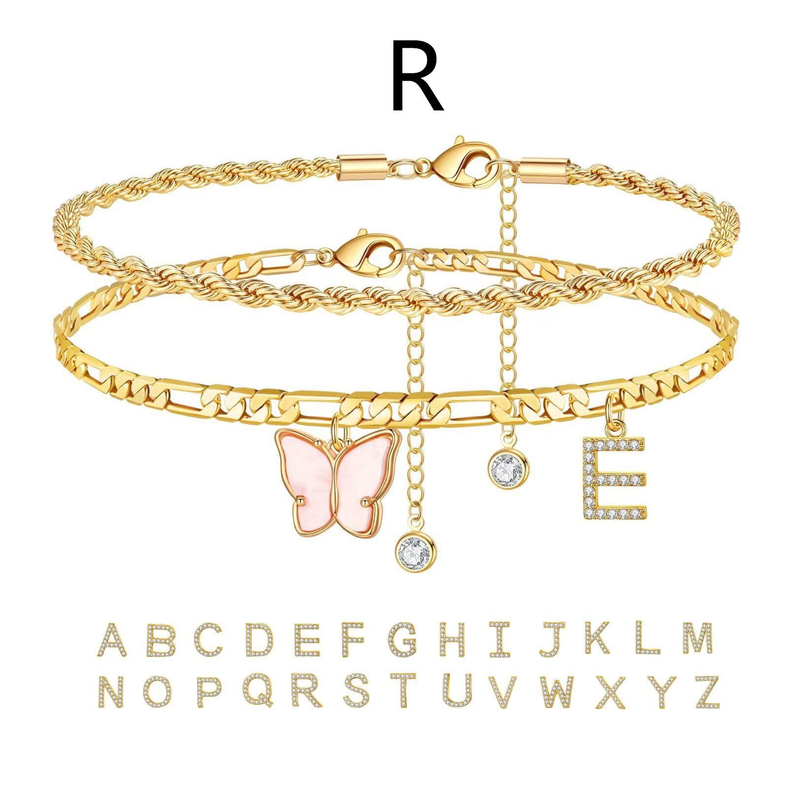 Women’s Double-Layer Stainless Steel Butterfly Letter Stack Anklets
