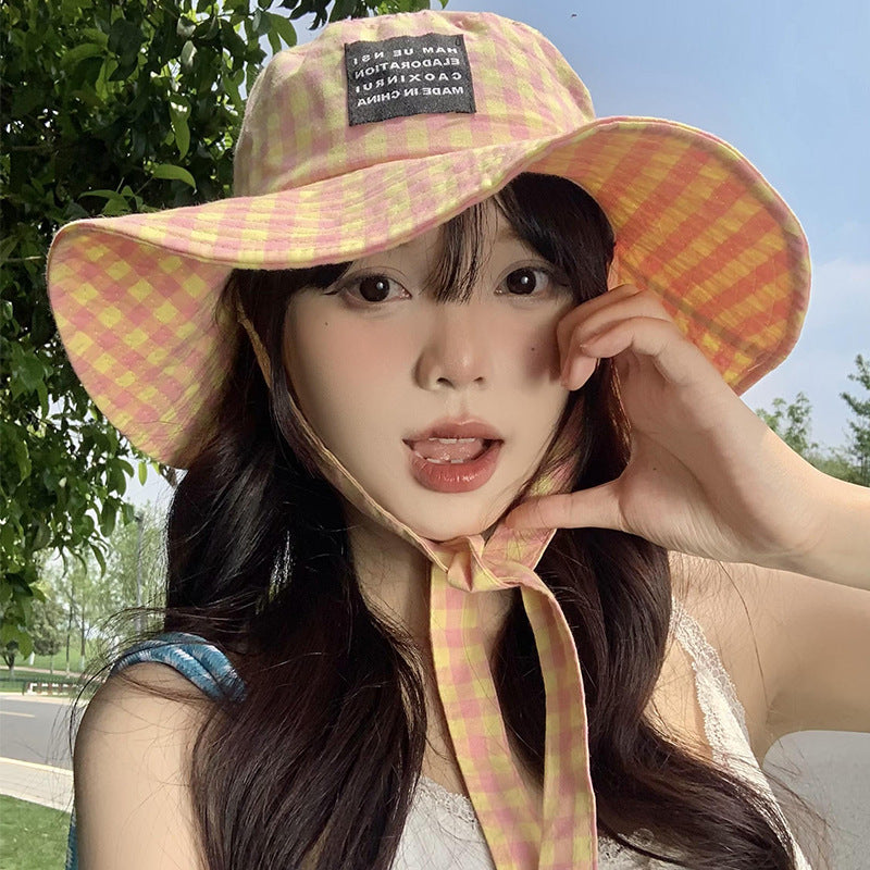Breathable Cotton Tie-Neck Plaid Women’s Summer Japanese Retro Bucket Hat