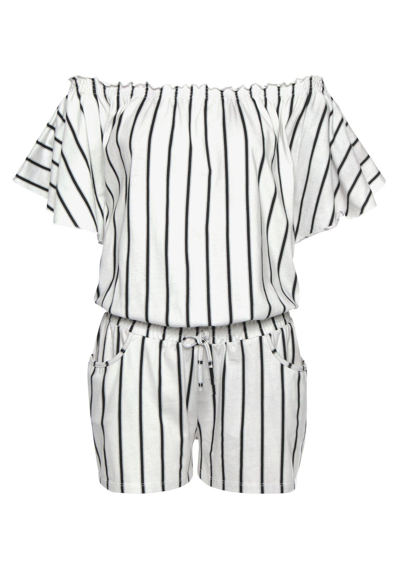 Striped neckline double pocket jumpsuit