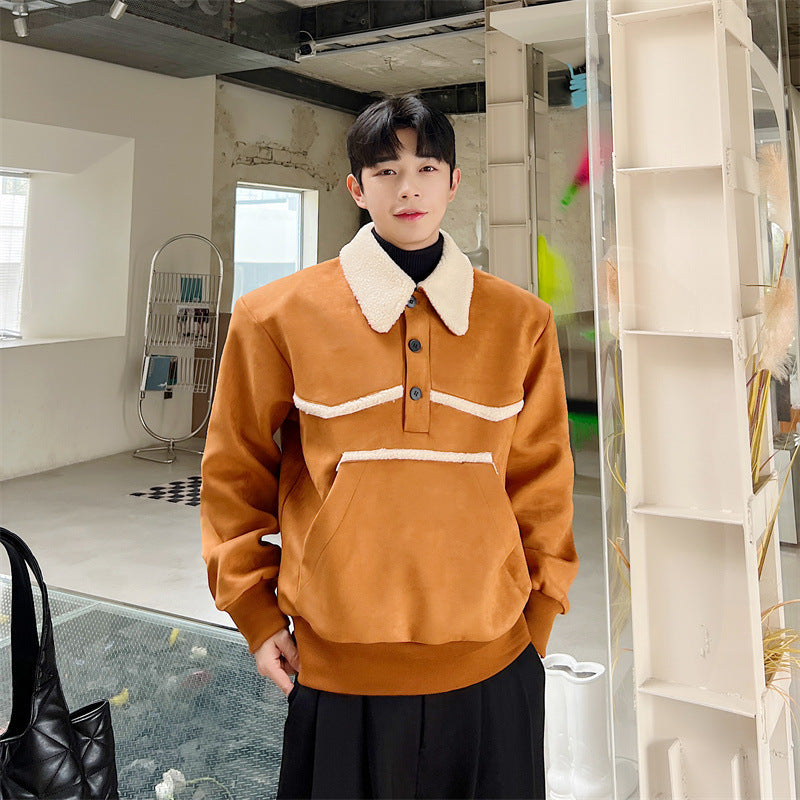 Ins Wind Faux Lambswool Fleece Lapel Pullover Sweater Jacket Men