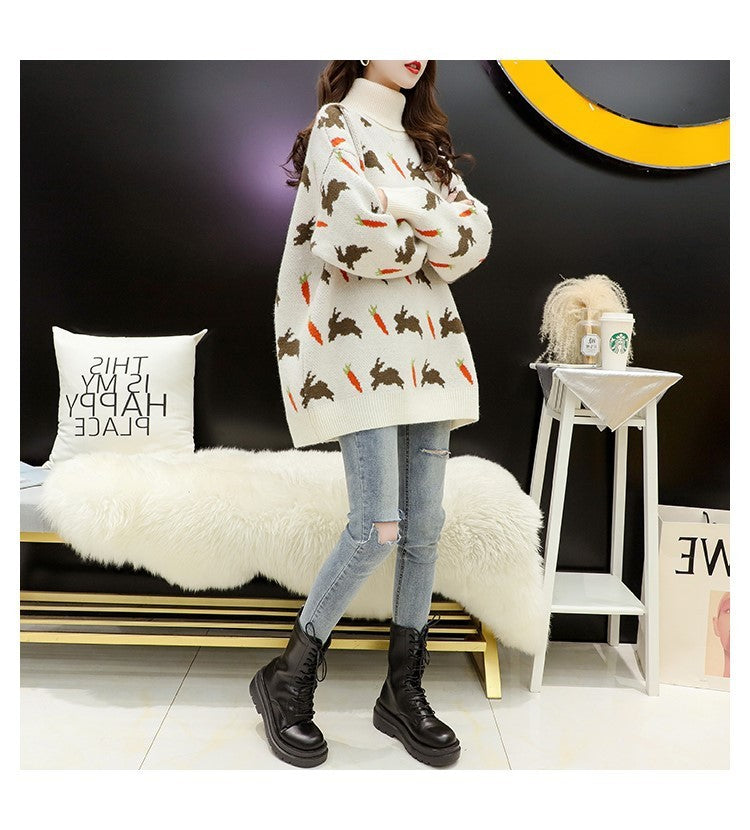 Cartoon Rabbit Turtleneck Pullover Sweater Women