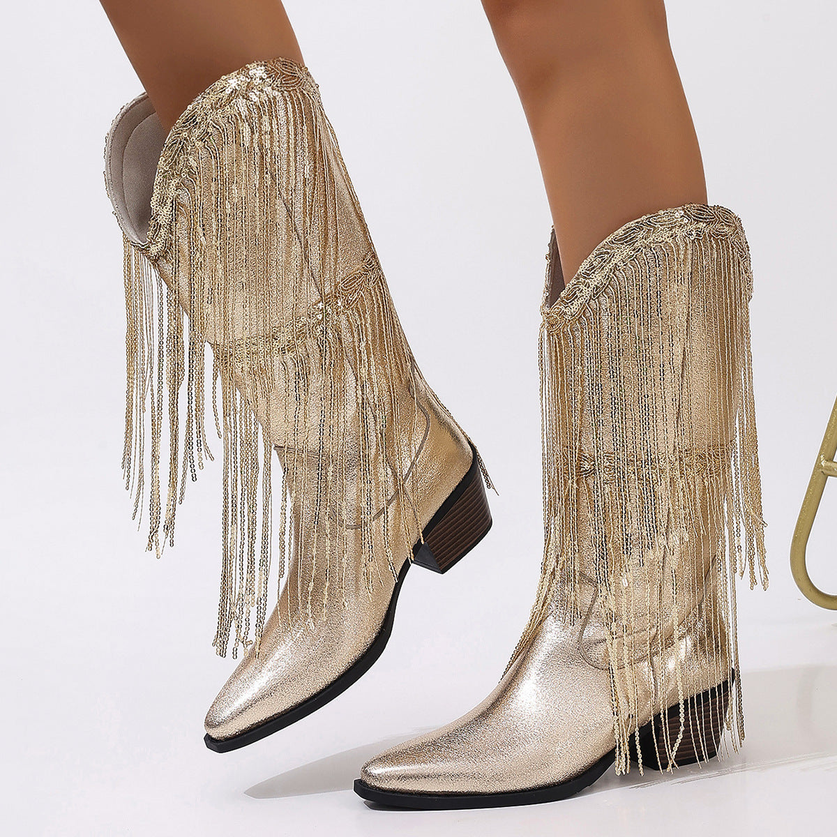 Womens Retro Knight Boots Cotton Lining Pleated Chunky Heel