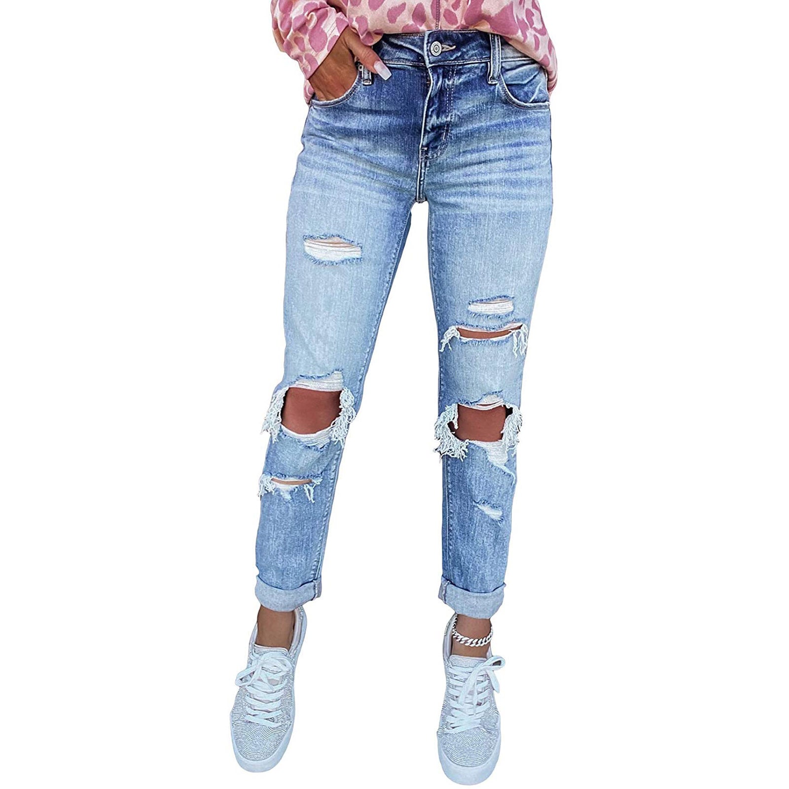 High Waist Slim Fit Distressed Jeans – Women’s Street Style Denim Pants