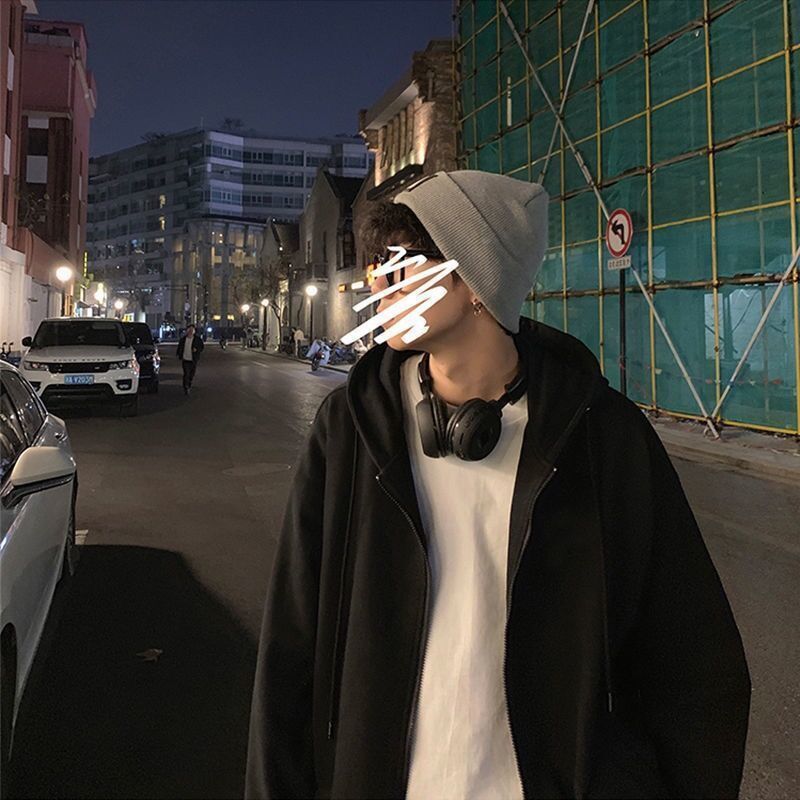 Unisex Korean Hooded Relaxed Fit Cardigan Jacket Polyester