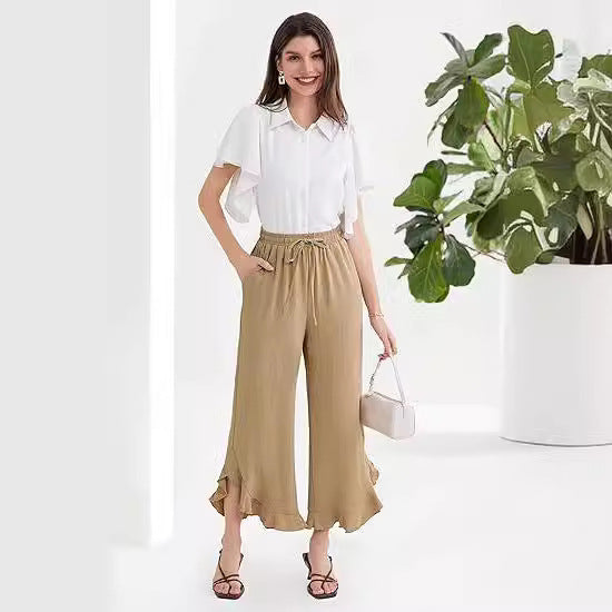 Fashion Ruffle Bell-Bottom Pants – Women's Ankle-Length Slim Fit Trousers