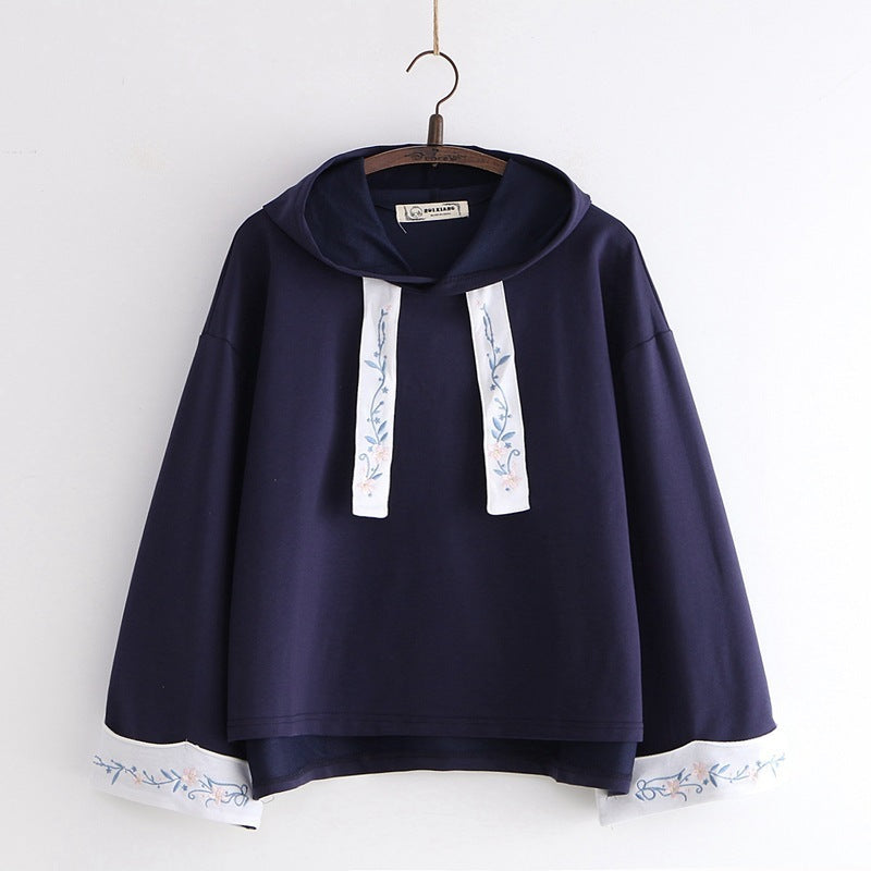 Women Embroidered Hooded Cotton Pullover Hoodie Solid Color