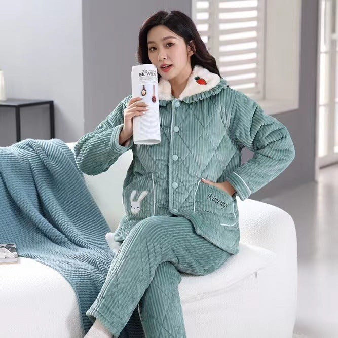 Women's Fashion Coral Fleece Three-layer Thickened Fleece-lined Warm Loungewear