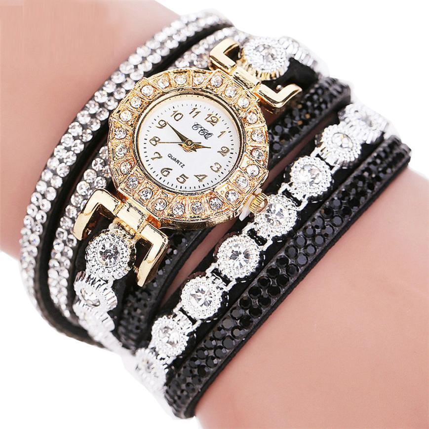 Fashion Luxury Women's Quartz Rhinestone PU Leather Bracelet Watch