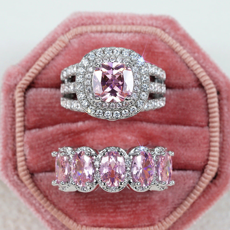 Women’s Egg-Shaped Zircon Ring Set – Platinum Plated Full Circle Design