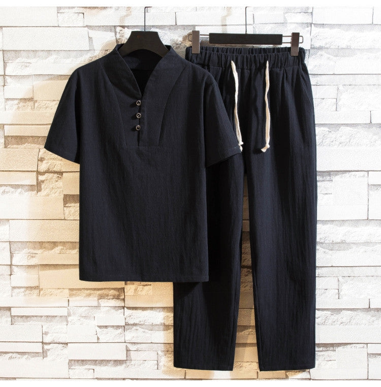 Summer linen suit men's cotton short sleeve