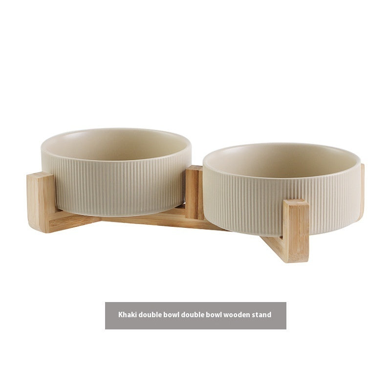 Pet Simple Wooden Frame Anti-tumble Ceramic Bowl