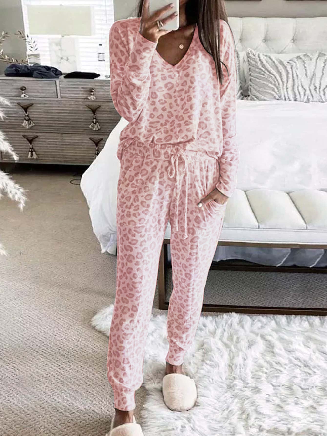 Womens Leopard Print Pajama Set Relaxed Fit Polyester