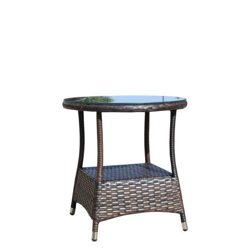 Brown Rattan Outdoor Patio Round Coffee Table with Clear Tempered Glass Top
