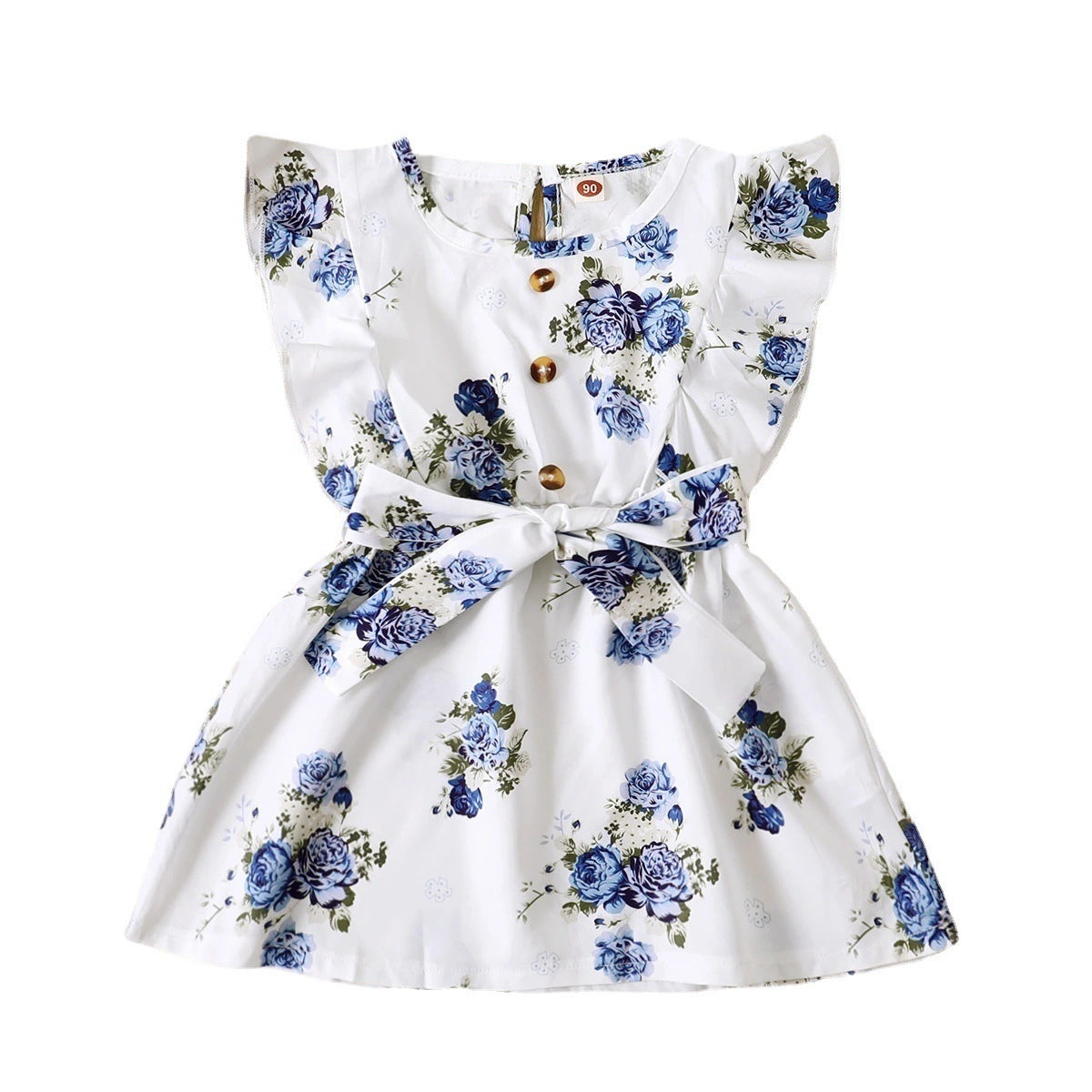 Small And Medium-sized Children's Small Flying Sleeves Ruffled Print Floral Belt Dress