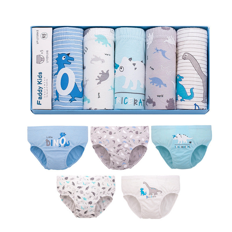 Children's Cotton Underwear Set – 5-Pack Boys’ Cartoon Dinosaur Triangle Briefs for Older Kids