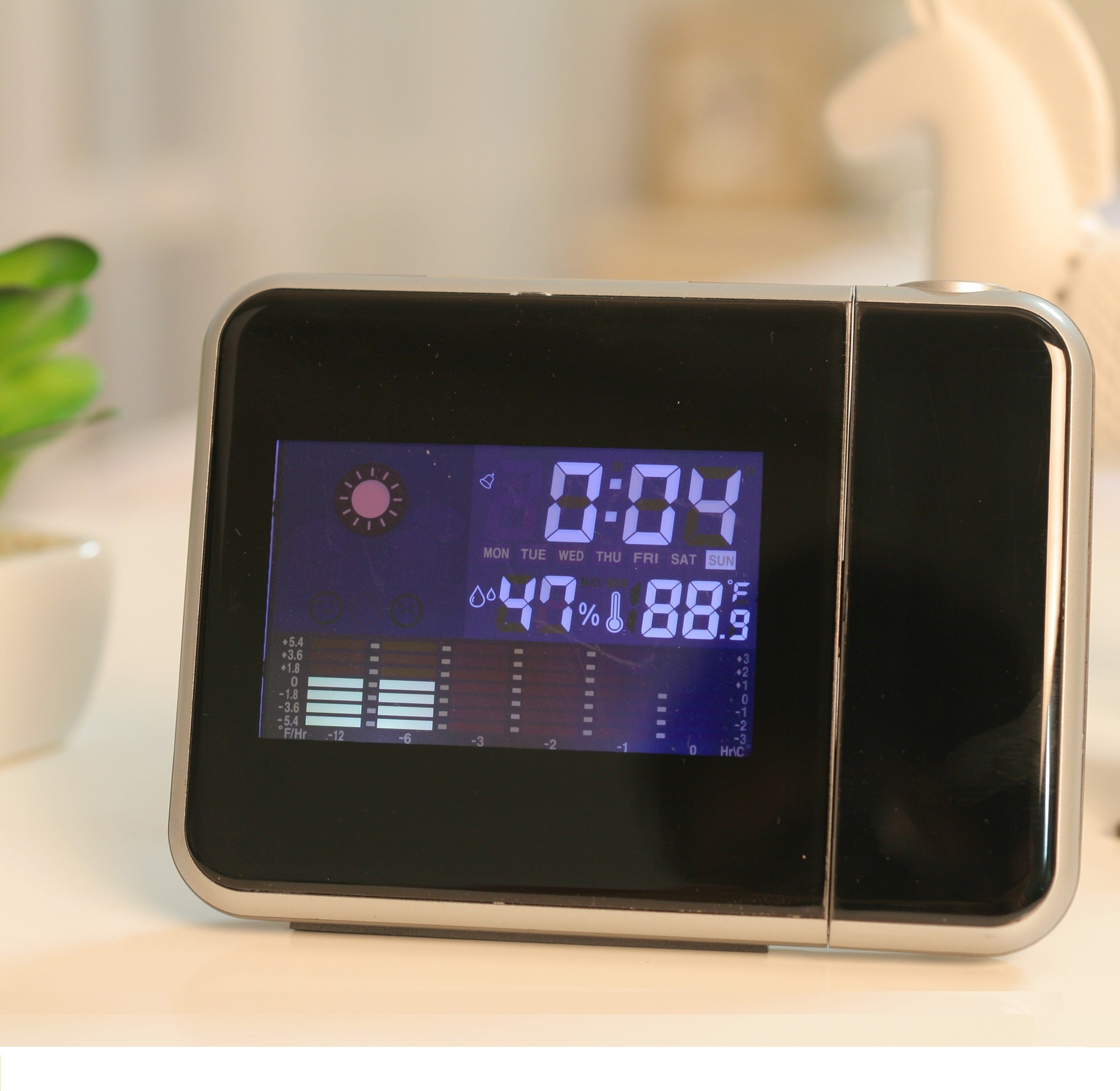 Projection Alarm Clock with Weather Display – Indoor Temp/Humidity, Dual Alarms, USB Power
