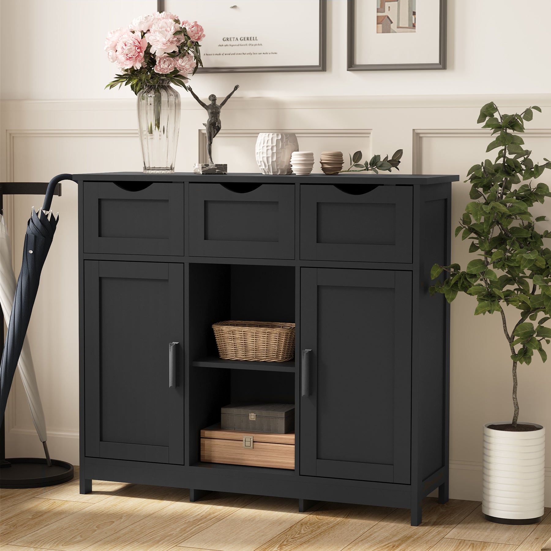 Wooden Floor Storage Cabinet with Drawers and Shelves
