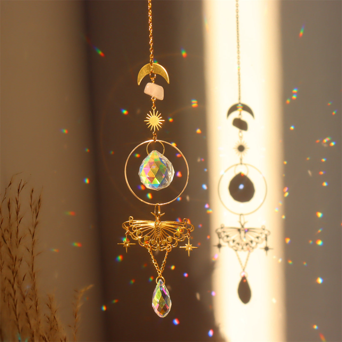 Brass Butterfly Moth Crystal Sun Catcher Pink Crystal Rough Stone Window Room Decoration Hanging Ornament