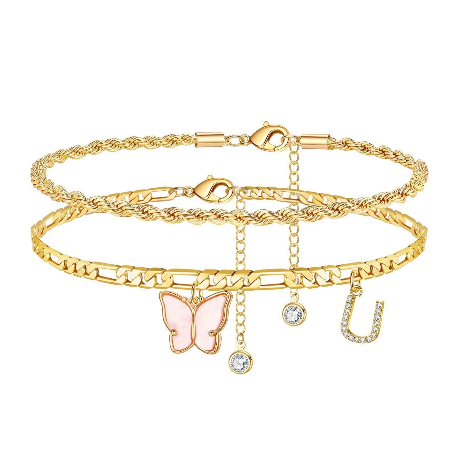 Women’s Double-Layer Stainless Steel Butterfly Letter Stack Anklets