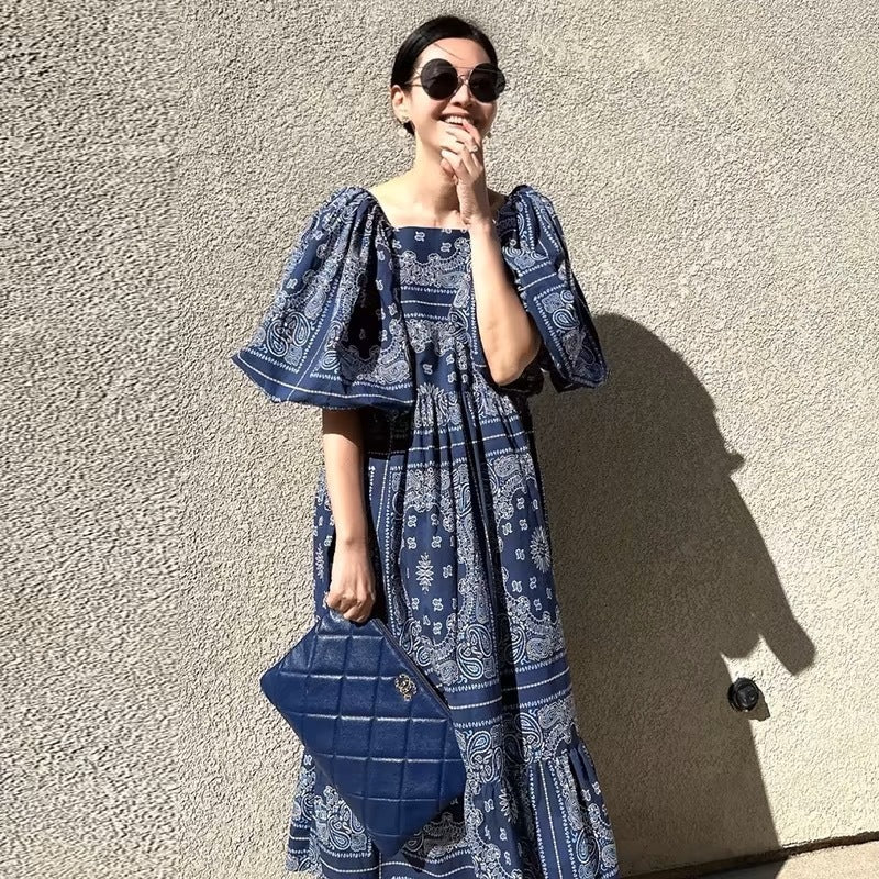 Printed Loose Casual Puff Sleeve Dress