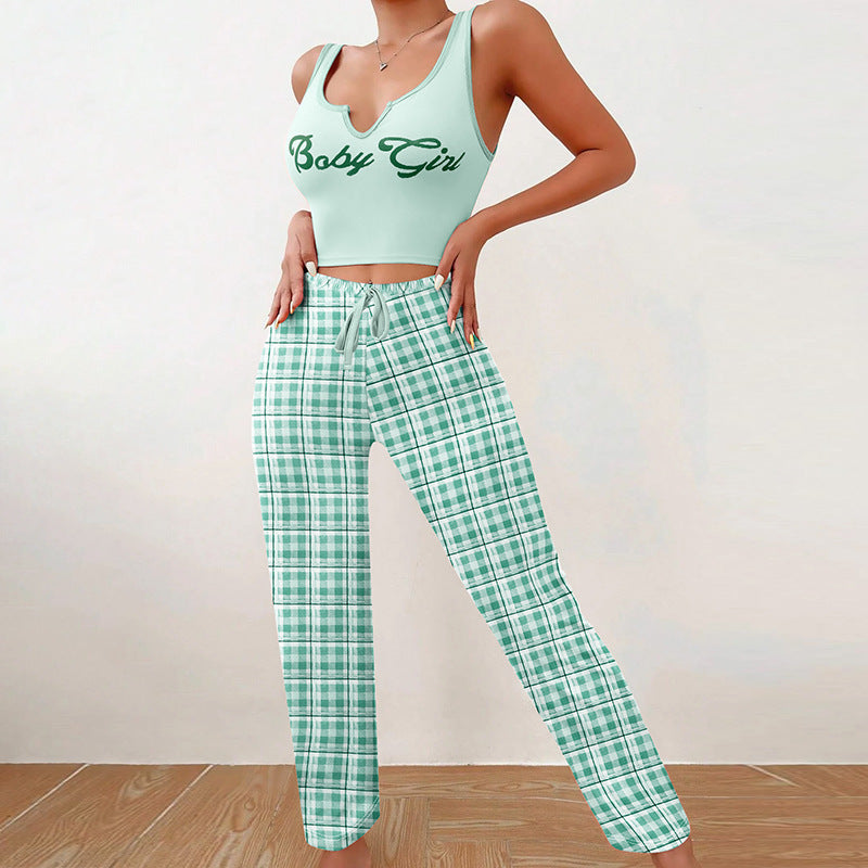 Spring Summer Women’s Casual Pajamas Set – Vest & Color-Matching Plaid Trousers