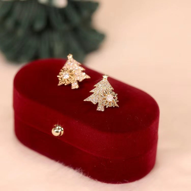 Rotatable Christmas Tree Earrings with Rhinestone Snowflake Studs Holiday Festival Jewelry Gifts for Women