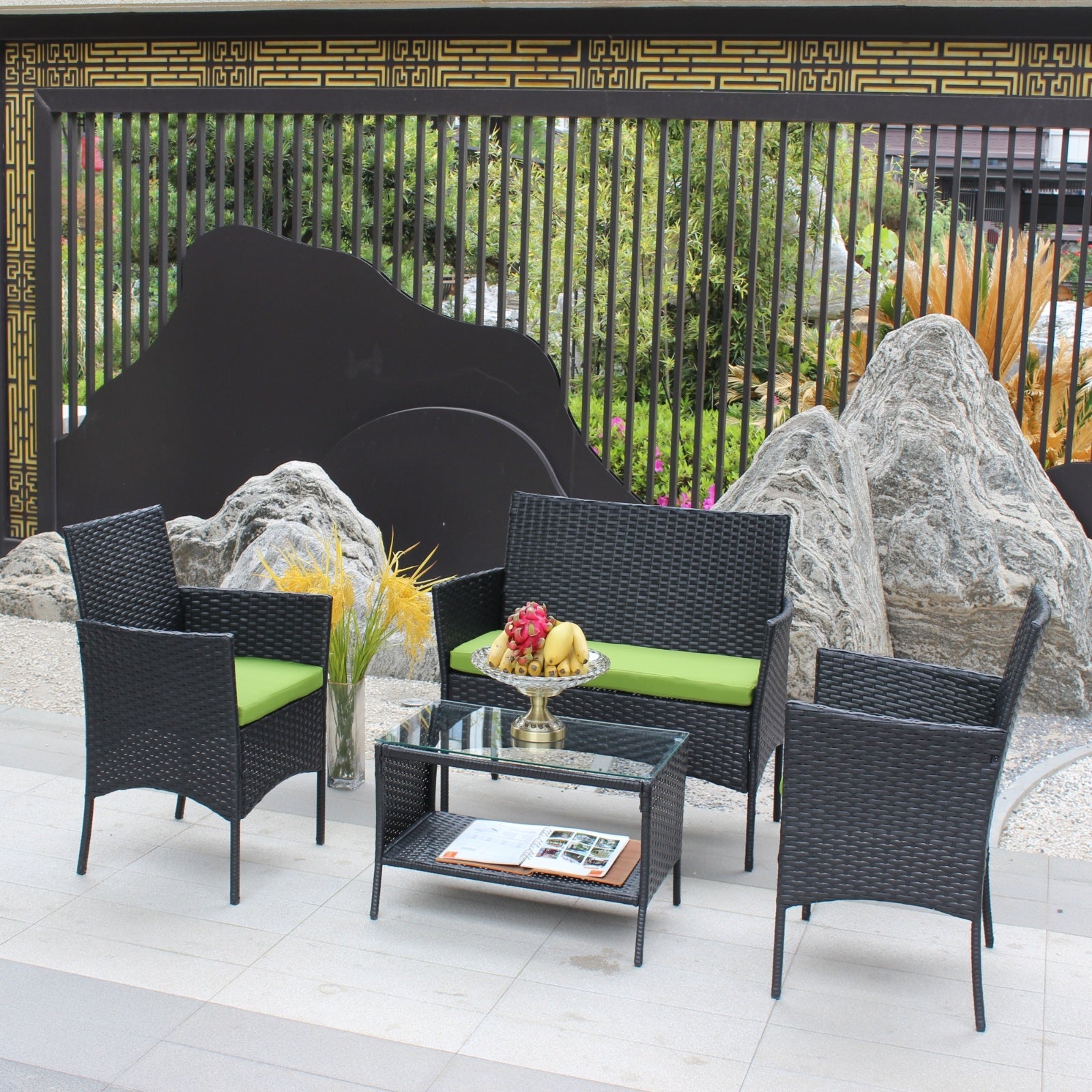 4-Piece Black Rattan Outdoor Patio Furniture Set