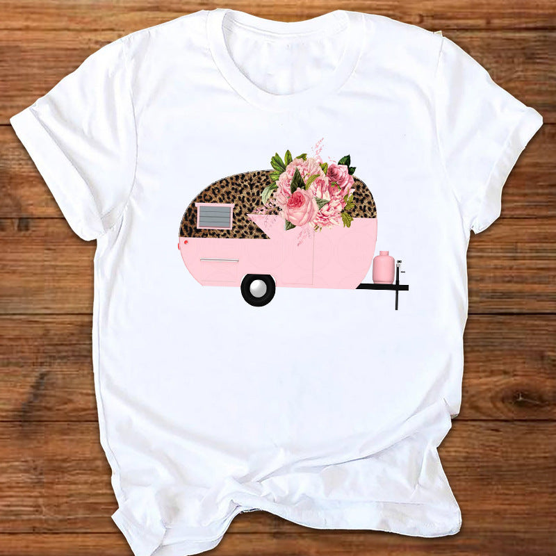 Summer New Leopard Love Printed T-shirt Women's Top