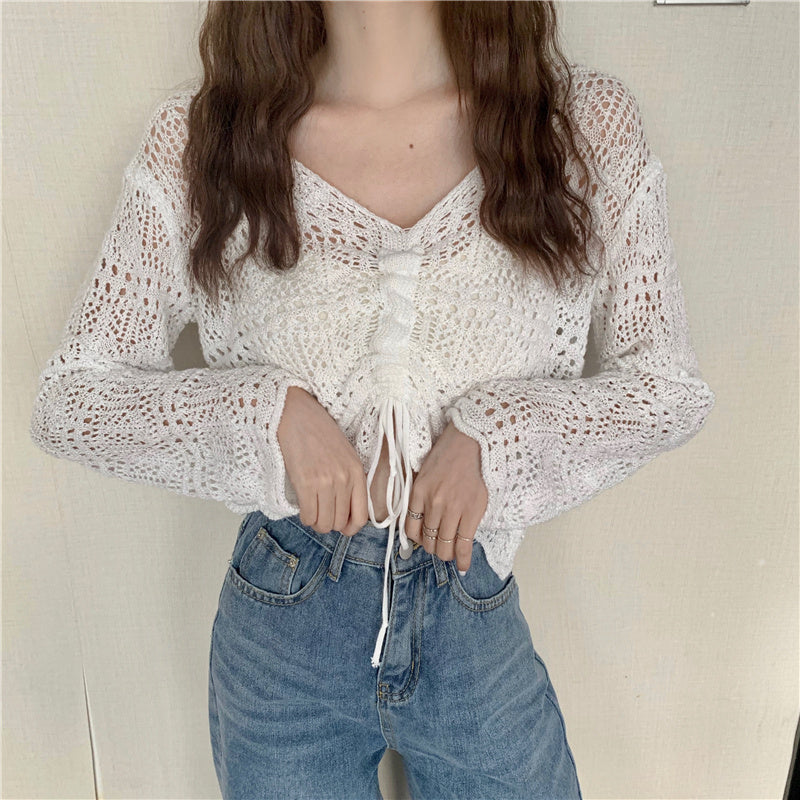 New Korean Style Loose V Neck Drawstring Crop Top