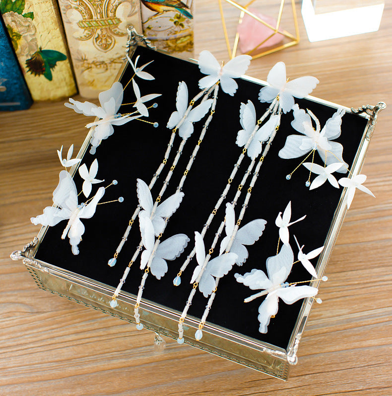 Korean Bridal Long Floral and Butterfly Yarn Hairpins & Earrings Set