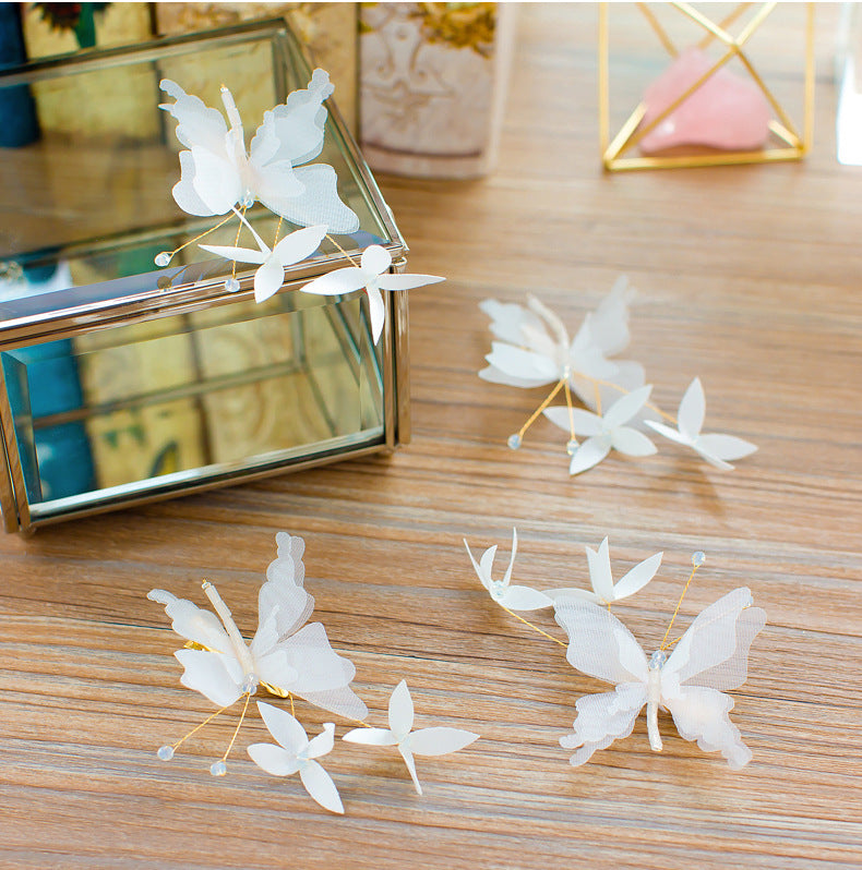 Korean Bridal Long Floral and Butterfly Yarn Hairpins & Earrings Set