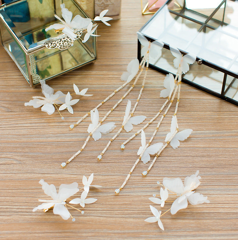 Korean Bridal Long Floral and Butterfly Yarn Hairpins & Earrings Set