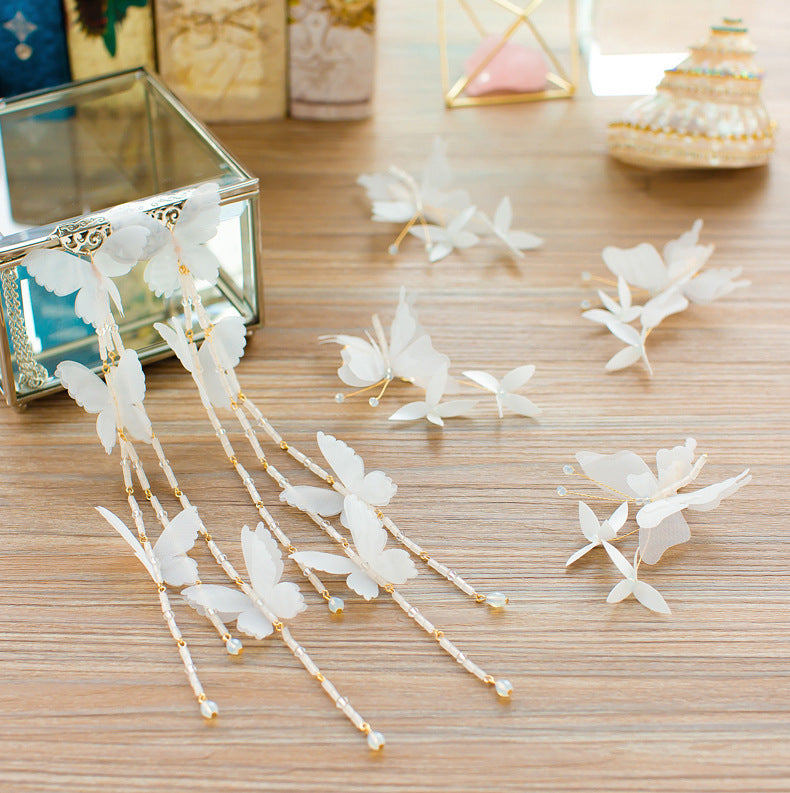 Korean Bridal Long Floral and Butterfly Yarn Hairpins & Earrings Set