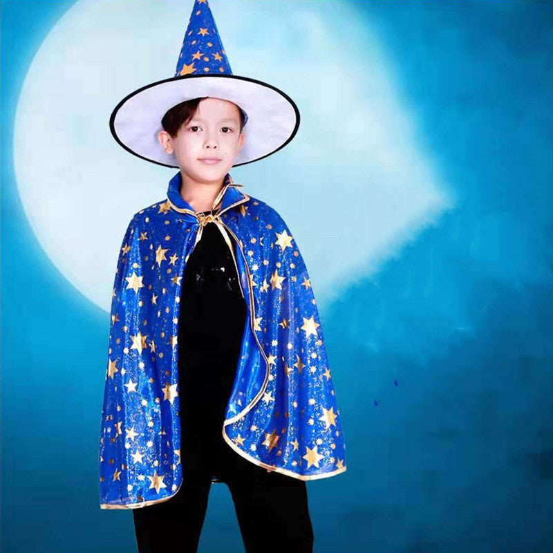 Kids Wizard Cloak Costume with Hat Star Print Polyester Cape for Halloween Party Dress Up