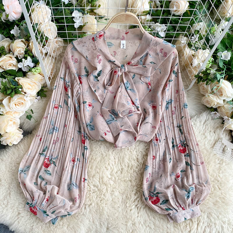 French Retro Girly Age-reducing Blouse Women V-neck Bow Tie Lantern Long-sleeved Pure Printed Western Style Shirt Women