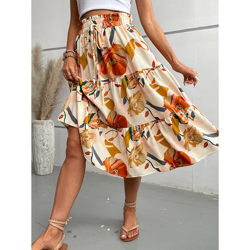 Boho Chic Women’s Floral Tiered Midi Skirt – Flowy A-Line Elastic Waist Summer Skirt