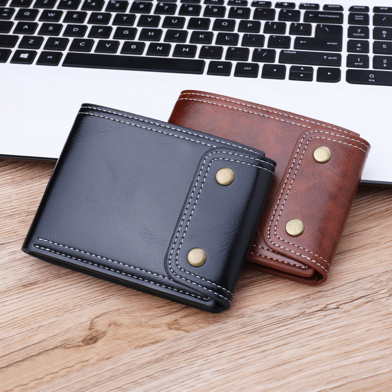 Mens Short Bi Fold Oil Wax Leather Money Clip Wallet