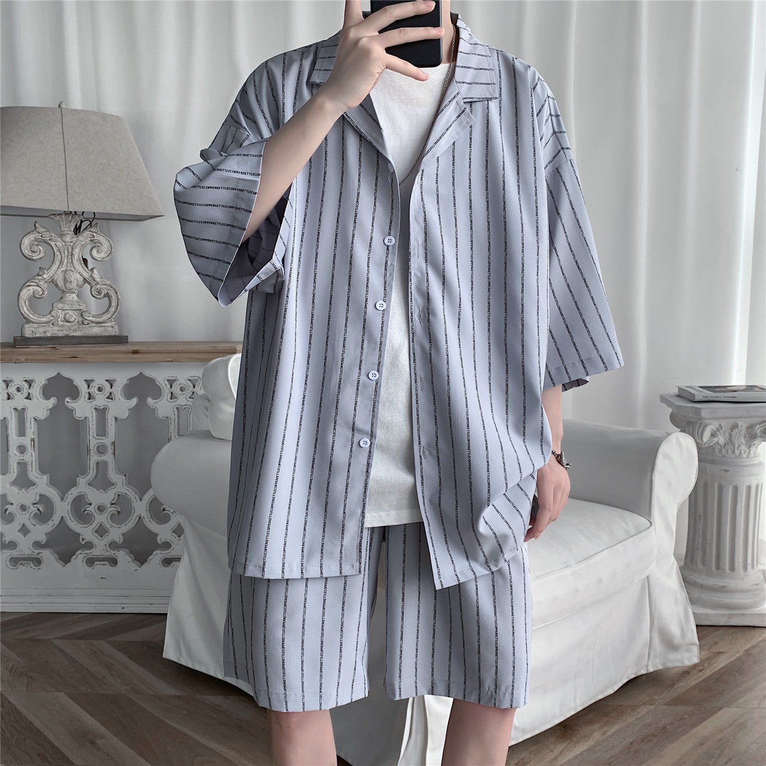 Unisex Striped Oversized Polyester Set Relaxed Fit Casual