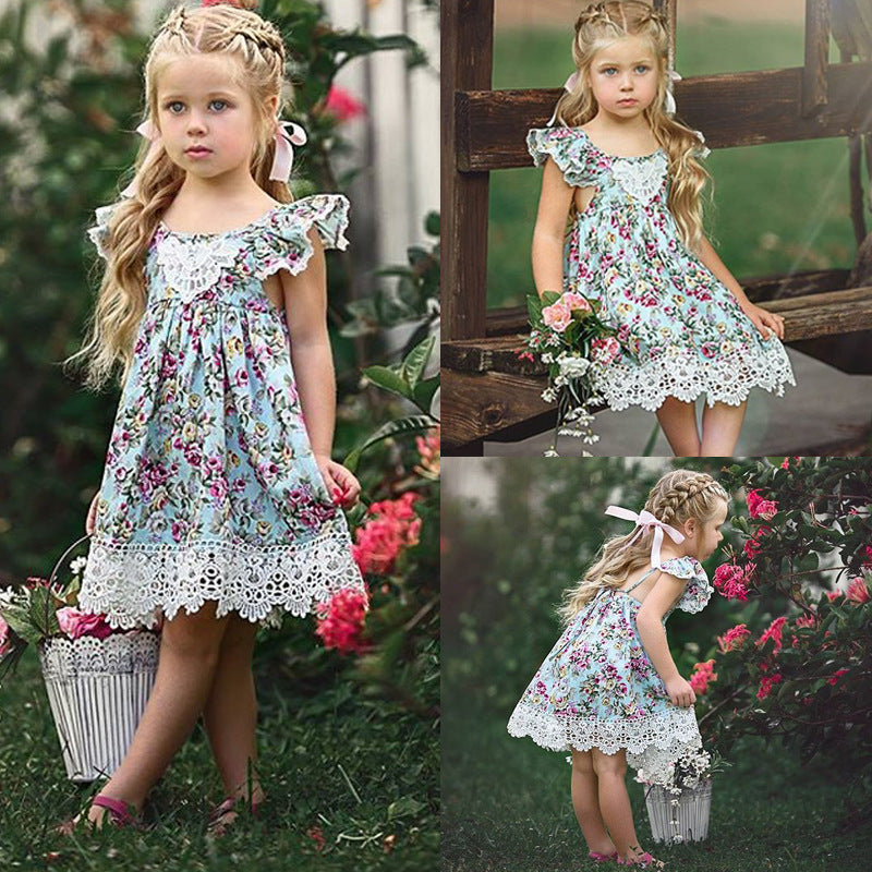 Girls Off Shoulder Lace Dress Cotton Polyester Floral Print