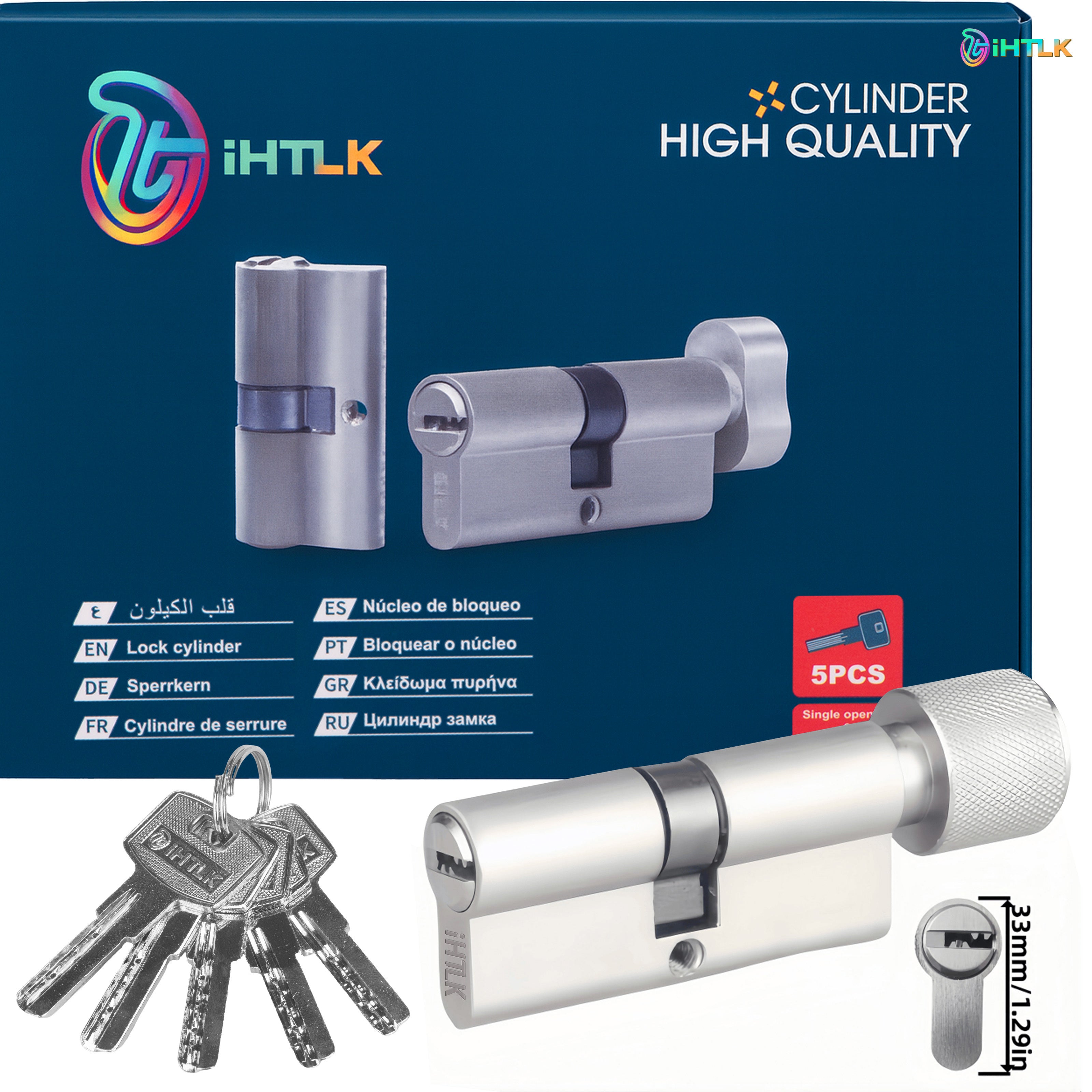 1 Piece Of European Standard Size, 70mm Length Knob Lock Cylinder, Lock Cylinder With 5 Keys, Suitable For Anti-Theft Doors, Office Doors, Stainless Steel Doors, Indoor Doors