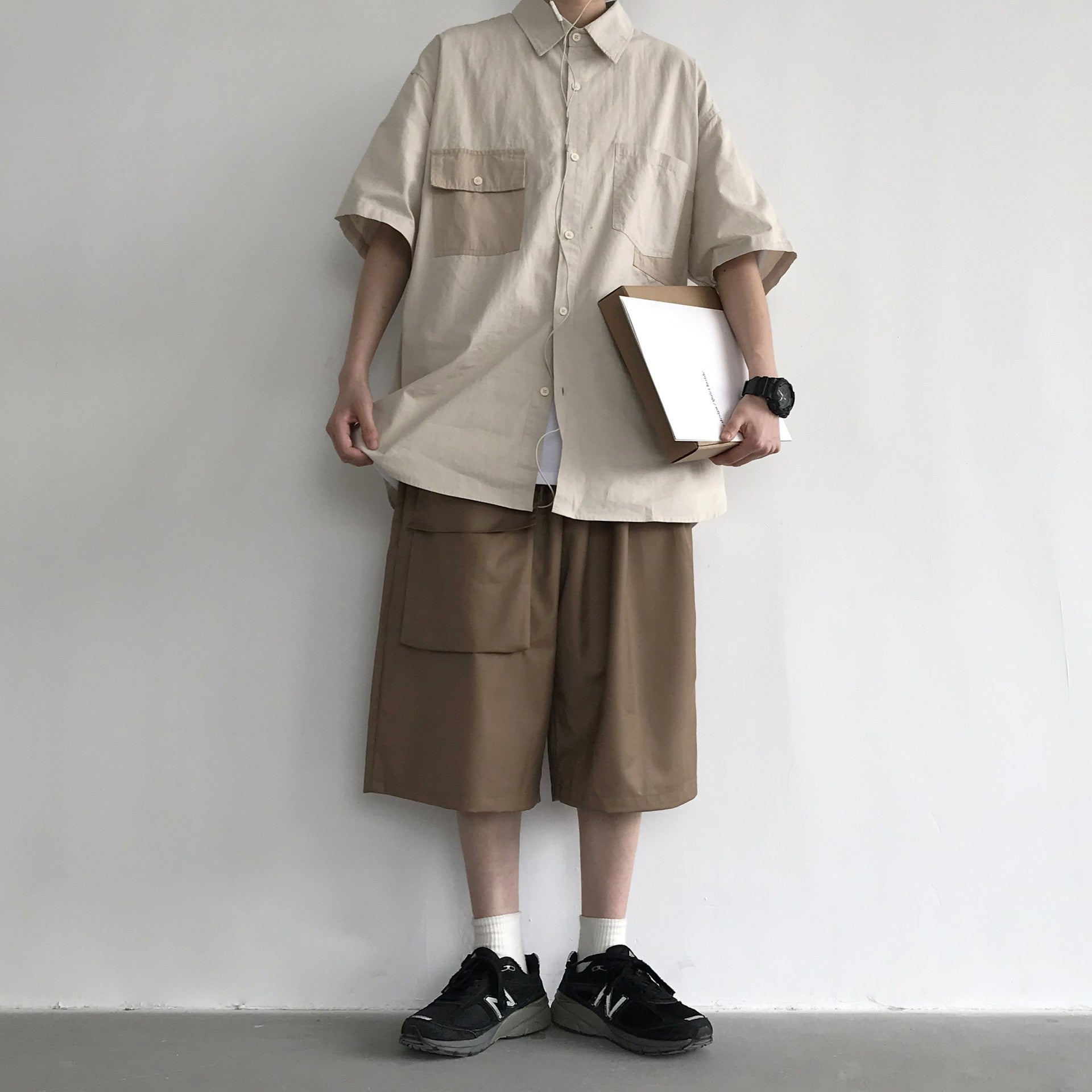Men's Japanese Retro Cropped Polyester Shorts Solid Color
