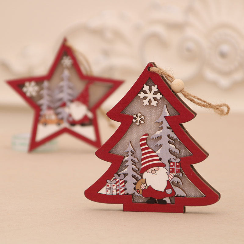 Wooden Luminous Pendant Christmas Tree Ornaments Round Five-pointed Star Pendant